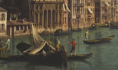 Bernardo Bellotto (Venice 1722 - 1780 Warsaw) View of the Grand Canal from Campo San Vio. On the left, Palazzo Corner della Ca' Granda (detail) Private collection, formerly in the Alfred A. Taubman collection A humble little boat drew near to San Vio and put out a wooden gangplank for a young woman. She disembarked carrying pitchers of milk in woven wicker baskets. Further down, on the other side of the Canal, in front of the Cornaro residence, another little boat encountered a household gondola going out in the service of some gentleman, its black serge-covered felze bearing a brass shield with a family crest. The oarsman on the foredeck of the skiff recognized the rowing style of the gondolier and gave him a salute, “Ohè, pope!” From The Laws of Time, a novel by Andrea Perego