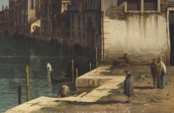Bernardo Bellotto (Venice 1722 - 1780 Warsaw) View of the Grand Canal from Campo San Vio. On the left, Palazzo Corner della Ca' Granda (detail)<brPrivate collection, formerly in the Alfred A. Taubman collection A humble little boat drew near to San Vio and put out a wooden gangplank for a young woman. She disembarked carrying pitchers of milk in woven wicker baskets. Further down, on the other side of the Canal, in front of the Cornaro residence, another little boat encountered a household gondola going out in the service of some gentleman, its black serge-covered felze bearing a brass shield with a family crest. The oarsman on the foredeck of the skiff recognized the rowing style of the gondolier and gave him a salute, “Ohè, pope!” From The Laws of Time, a novel by Andrea Perego