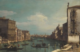 Bernardo Bellotto (Venice 1722 - 1780 Warsaw) View of the Grand Canal from Campo San Vio. On the left, Palazzo Corner della Ca' Granda Private collection, formerly in the Alfred A. Taubman collection A humble little boat drew near to San Vio and put out a wooden gangplank for a young woman. She disembarked carrying pitchers of milk in woven wicker baskets. Further down, on the other side of the Canal, in front of the Cornaro residence, another little boat encountered a household gondola going out in the service of some gentleman, its black serge-covered felze bearing a brass shield with a family crest. The oarsman on the foredeck of the skiff recognized the rowing style of the gondolier and gave him a salute, “Ohè, pope!” From The Laws of Time, a novel by Andrea Perego