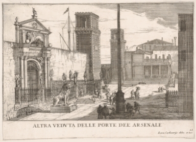 View of the doors of the Arsenal From "Le fabriche e vedute di Venezia", Venice 1703 Engraving by Luca Carlevarijs (1663-1730)