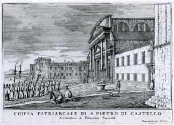 San Pietro di Castello, chiesa patriarcale From "Le fabriche e vedute di Venezia", Venice 1703 Engraving by Luca Carlevarijs (1663-1730)