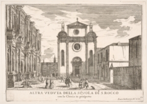 View of the Scuola di San Rocco, on the left, with the façade of San Rocco church From "Le fabriche e vedute di Venezia", Venice 1703 Engraving by Luca Carlevarijs (1663-1730)