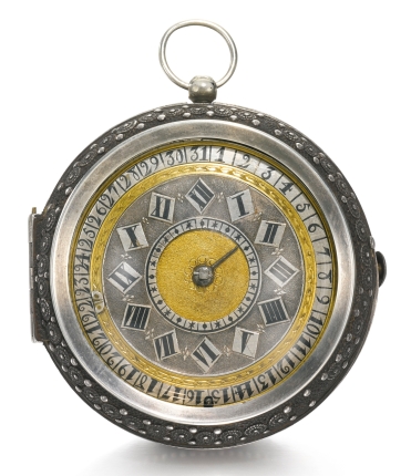 Corneilus Harbert, London Bridge A highly unusual and extremely rare pair cased pre-balance spring verge watch, ca 1670 Gilt full plate movement, verge escapement, elongated floral engraved balance cock and foot, worm and wheel set-up, fusee and chain, unusual decorative pierced pillars  Silver dial with asymmetrically placed hour numerals, matte gilt centre with short hour hand, outer silver date ring with revolving pointer on a narrow gilt band Plain polished inner case, the back with shuttered winding aperture, the outer case with fish skin covering and decorative silver piqué work with a pattern of rosettes  Movement signed Cornelius Harbert, London Bridg. Diameter 52 mm. Sold by Sotheby’s. Private collection.