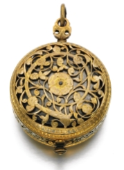 David Ramsay A significant and early gilt-metal and silver mounted tambour cased verge clock watch with alarm, ca 1615 Full plate movement, verge escapement, pierced and engraved pinned-on balance cock, plain steel balance, blued steel stop work for alarm and striking mechanisms and silver locking plate visible to the backplate, wheel and click set up, striking on a bell Gilt dial engraved with flowers and foliage, putto holding blooms at 12, baskets of fruit and flowers at 3 and 9, at 7 and 5 a pair of squirrels and two strawberries by the movement catch, silvered chapter ring, Roman numerals, rotating central disc with blued steel bug for time indication, the alarm indicated by a central blued steel hand to the inner Arabic chapter ring Gilt-metal pierced and engraved case consisting of stems and flowers and a continuous scroll terminating with a head, front cover reduced to a bezel, pierced silver band of flowers and scrolls with dolphins' heads, fixed pendant Movement signed David Ramsay me Fecit Diameter 43 mm This is a famous and well documented watch that was formerly in the Evan Roberts collection and was claimed by Roberts to have belonged to King James I. Although Ramsay was chief clockmaker to James I, there is no proof that this watch belonged to him and, unfortunately, Roberts offered no evidence for his assertion. The early use of silver for the band emphasizes the quality and cost of the watch and, similarly, the dial’s silver chapter ring. Sold by Sotheby’s. Private collection.