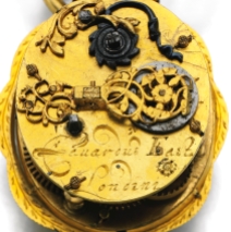 Edward East, Londini A very fine small gilt-metal and scallop shaped rock crystal verge watch, ca 1635-40 Gilt full plate movement, pierced and engraved pinned-on balance cock, plain steel balance, gut line fusee, ratchet and click set-up, turned baluster pillars Engraved gilt dial, townscape to the centre with river and gnarled tree in the foreground, outer band with floral decoration, a putto's head above twelve, applied silver chapter ring with Roman numerals and quarter-hour markings, blued steel hand  Faceted rock crystal case, bezel and case body with simple palm-leaf engraving Movement signed Edwardus East Londini Length including pendant 42 x 26 mm Without question one of the most important of early English watchmakers, Edward East was born in Southill, Bedfordshire in 1602. He lived through almost the entire 17th century and died in 1697 leaving an extraordinary legacy of exceptional watches and clocks. Sold by Sotheby’s. Private collection.