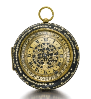 Jeremie Gregory, London A fine and rare pair cased verge watch with date, ca 1665 Movement: gilded full plate movement, decoratively pierced and engraved cock with a serpent amidst flowers, oval foot, flat steel balance, worm and wheel set-up, silver regulation disc, fusee and gut line, Egyptian pillars. Dial: gilt-brass, the chapter ring with Roman numerals and fleur-de-lys half hour marks, quarter hour divisions, gilded annular carrying a pointer indicating the date to the outer ring, dial centre with pierced and engraved vase of flowers, single short hour hand Case: plain polished inner case, shuttered winding aperture to back • outer leather covered protective case with decorative gold piqué work, the back with four tulip flowers within a central ring Diameter 51.5 mm Sotheby’s sale, Private collection