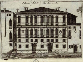 Palazzo Antelmi in an engraving by Vincenzo Coronelli (1650-1718), taken from the book Palazzi di Venezia, published 1710. The story in The Laws of Time unfolds on November 9, 1730 in a Venetian palace that no longer exists. Palazzo Antelmi stood opposite Misericordia, on rio di Noale, and bears the name of the Antelmi family who lived there. Its construction is attributed to the studio of architect Baldassare Longhena (1596–1682), one of the most important Venetian Baroque architects. The Antelmi family was admitted to the Venetian patrician class in 1646. By the beginning of the nineteenth century, the Antelmi’s Palazzo belonged to a certain Signor Colzani, who went bankrupt. His creditors became the owners of the building, by then in a bad condition, and had it demolished in 1812. Nothing remains of the palace today. In its place there is a wall enclosing the garden of an anonymous building.