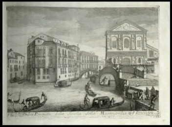 La Scuola della Misericordia in an engraving by Domenico Lovisa (ca 1690-ca 1750), included in Il Gran Teatro delle più insigni prospettive di Venezia (ca 1717). Palazzo Antelmi can be glimpsed on the central canal, just past the bridge. The story in The Laws of Time unfolds on November 9, 1730 in a Venetian palace that no longer exists. Palazzo Antelmi stood opposite Misericordia, on rio di Noale, and bears the name of the Antelmi family who lived there. Its construction is attributed to the studio of architect Baldassare Longhena (1596–1682), one of the most important Venetian Baroque architects. The Antelmi family was admitted to the Venetian patrician class in 1646. By the beginning of the nineteenth century, the Antelmi’s Palazzo belonged to a certain Signor Colzani, who went bankrupt. His creditors became the owners of the building, by then in a bad condition, and had it demolished in 1812. Nothing remains of the palace today. In its place there is a wall enclosing the garden of an anonymous building.