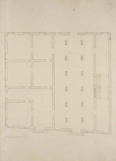 Floor plan of the ground floor of Palazzo Antelmi. Technical drawing by Antonio Visentini (1688–1782) made between 1745 and 1755 for the publication, in three volumes, of Admiranda Urbis Venetae, commissioned by Joseph Smith, British Consul to Venice. The story in The Laws of Time unfolds on November 9, 1730 in a Venetian palace that no longer exists. Palazzo Antelmi stood opposite Misericordia, on rio di Noale, and bears the name of the Antelmi family who lived there. Its construction is attributed to the studio of architect Baldassare Longhena (1596–1682), one of the most important Venetian Baroque architects. The Antelmi family was admitted to the Venetian patrician class in 1646. By the beginning of the nineteenth century, the Antelmi’s Palazzo belonged to a certain Signor Colzani, who went bankrupt. His creditors became the owners of the building, by then in a bad condition, and had it demolished in 1812. Nothing remains of the palace today. In its place there is a wall enclosing the garden of an anonymous building.