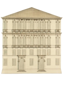 The façade of Palazzo Antelmi, on Rio di Noale, at Misericordia. Technical drawing by Antonio Visentini (1688–1782) made between 1745 and 1755 for the publication, in three volumes, of Admiranda Urbis Venetae, commissioned by Joseph Smith, British Consul to Venice. The story in The Laws of Time unfolds on November 9, 1730 in a Venetian palace that no longer exists. Palazzo Antelmi stood opposite Misericordia, on rio di Noale, and bears the name of the Antelmi family who lived there. Its construction is attributed to the studio of architect Baldassare Longhena (1596–1682), one of the most important Venetian Baroque architects. The Antelmi family was admitted to the Venetian patrician class in 1646. By the beginning of the nineteenth century, the Antelmi’s Palazzo belonged to a certain Signor Colzani, who went bankrupt. His creditors became the owners of the building, by then in a bad condition, and had it demolished in 1812. Nothing remains of the palace today. In its place there is a wall enclosing the garden of an anonymous building.