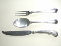 Details of fork, spoon and knife from twenty-piece silver cutlery service for six people. Venice, 18th century. The hallmarks from the Venice Mint clearly show the lion in moeca, and the initials of the silversmith, B.G. Private Collection
