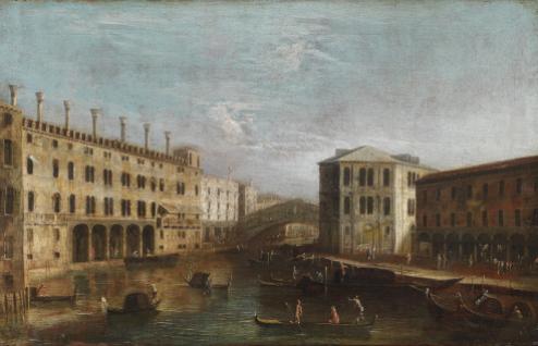 Master of the Langmatt Foundation Views, maybe Apollonio Domenichini (1715-1770) View of the Grand Canal with the Fondaco dei Tedeschi, Rialto Bridge, and the Palazzo dei Camerlenghi Circa 1770 Private collection