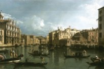 The Grand Canal in a painting by Bernardo Bellotto. 1739-40 Private collection On the left, Palazzo Contarini dagli Scrigni. On the left but further down along the Canal, Ca' Rezzonico can be seen, still unfinished. In 1740 only the first floor was completed, featuring a wooden gable, as we can see in this painting. Works started again in 1751 and in a few years the house was finished as we see it today.