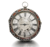 James Markwick, London An exceptionally fine silver and tortoiseshell pair cased two-train alarm verge watch, ca 1685 Movement: gilded full plate, verge escapement, decoratively pierced and engraved balance cock, blued steel stop-work for alarm visible to the backplate, fusee and chain, tulip pillars, standing barrel for alarm train with decorative pierced engraving. Signed Markwick London Case: inner fully decorated silver case, the centre of the case back with an urn surmounted by a bird and surrounded by further birds and scrolling foliage. Tortoiseshell outer case with symmetrically arranged pierced silver roundels, interspersed with silver pin work, the centre of the outer back with silver inlaid decoration depicting cupid with his bow to the centre, flying birds to the four corners and surrounded by large flower heads. James Markwick senior was apprenticed to Edward Gilpin in 1656 and freed in August 1666. He seems to have had a rather fractious relationship with the Clockmakers’ Company, being fined in 1677 for abuse of the Master and repeatedly fined for irregular attendance of the Clockmakers’ Court. Sold by Sotheby’s. Private collection.