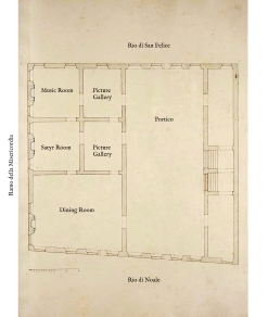 Imagined floor plan of the first noble floor of Palazzo Antelmi. The disposition of the rooms is based on the plan for the ground floor by Antonio Visentini. The function of the rooms is completely imagined, but in line with the usual layouts of Venetian palazzos. The story in The Laws of Time unfolds on November 9, 1730 in a Venetian palace that no longer exists. Palazzo Antelmi stood opposite Misericordia, on rio di Noale, and bears the name of the Antelmi family who lived there. Its construction is attributed to the studio of architect Baldassare Longhena (1596–1682), one of the most important Venetian Baroque architects. The Antelmi family was admitted to the Venetian patrician class in 1646. By the beginning of the nineteenth century, the Antelmi’s Palazzo belonged to a certain Signor Colzani, who went bankrupt. His creditors became the owners of the building, by then in a bad condition, and had it demolished in 1812. Nothing remains of the palace today. In its place there is a wall enclosing the garden of an anonymous building.