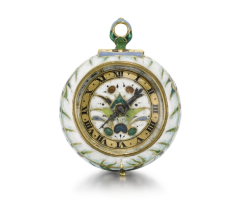 William Partridge A fine, rare and very small gold and polychrome enamel watch, ca 1640 Sumptuously decorated with cloisonné and champlevé enamels against a white ground, this wonderful small watch (29 mm diameter) has a jewel-like quality. The watch bears close similarities to contemporary French work of the Blois school, particularly in the enamel case and the style of the balance cock. Indeed, William’s wife that her husband had ‘improved’ his trade in France and Flanders and so it is unsurprising to find such stylistic influences. No other watch by William Partridge appears to be recorded. Movement: gilded full plate, decoratively pierced and engraved screwed-on balance cock, ratchet and click set-up, plain balance, fusee and gut line, Egyptian pillars, signed Will. Partridge Fecit Dial: gold, decorated with cloisonné and champlevé enamel flowers, foliage and geometric motifs against a white ground, chapter ring with Roman numerals and half hour divisions, double ended blued steel hand with foliate head Case and bezel similarly decorated, pendant with green and blue enamel highlights Sold by Sotheby’s. Private collection.