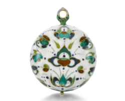 William Partridge A fine, rare and very small gold and polychrome enamel watch, ca 1640 Sumptuously decorated with cloisonné and champlevé enamels against a white ground, this wonderful small watch (29 mm diameter) has a jewel-like quality. The watch bears close similarities to contemporary French work of the Blois school, particularly in the enamel case and the style of the balance cock. Indeed, William’s wife that her husband had ‘improved’ his trade in France and Flanders and so it is unsurprising to find such stylistic influences. No other watch by William Partridge appears to be recorded. Movement: gilded full plate, decoratively pierced and engraved screwed-on balance cock, ratchet and click set-up, plain balance, fusee and gut line, Egyptian pillars, signed Will. Partridge Fecit Dial: gold, decorated with cloisonné and champlevé enamel flowers, foliage and geometric motifs against a white ground, chapter ring with Roman numerals and half hour divisions, double ended blued steel hand with foliate head Case and bezel similarly decorated, pendant with green and blue enamel highlights Sold by Sotheby’s. Private collection.